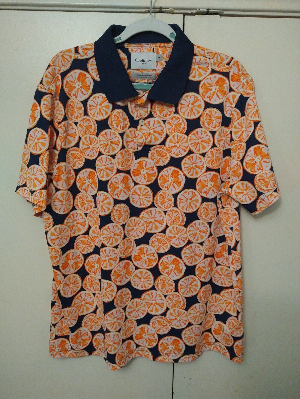 Goodfellow &Co Standard Oranges Print Short Sleeve Polo Shirt Men's sz XL.